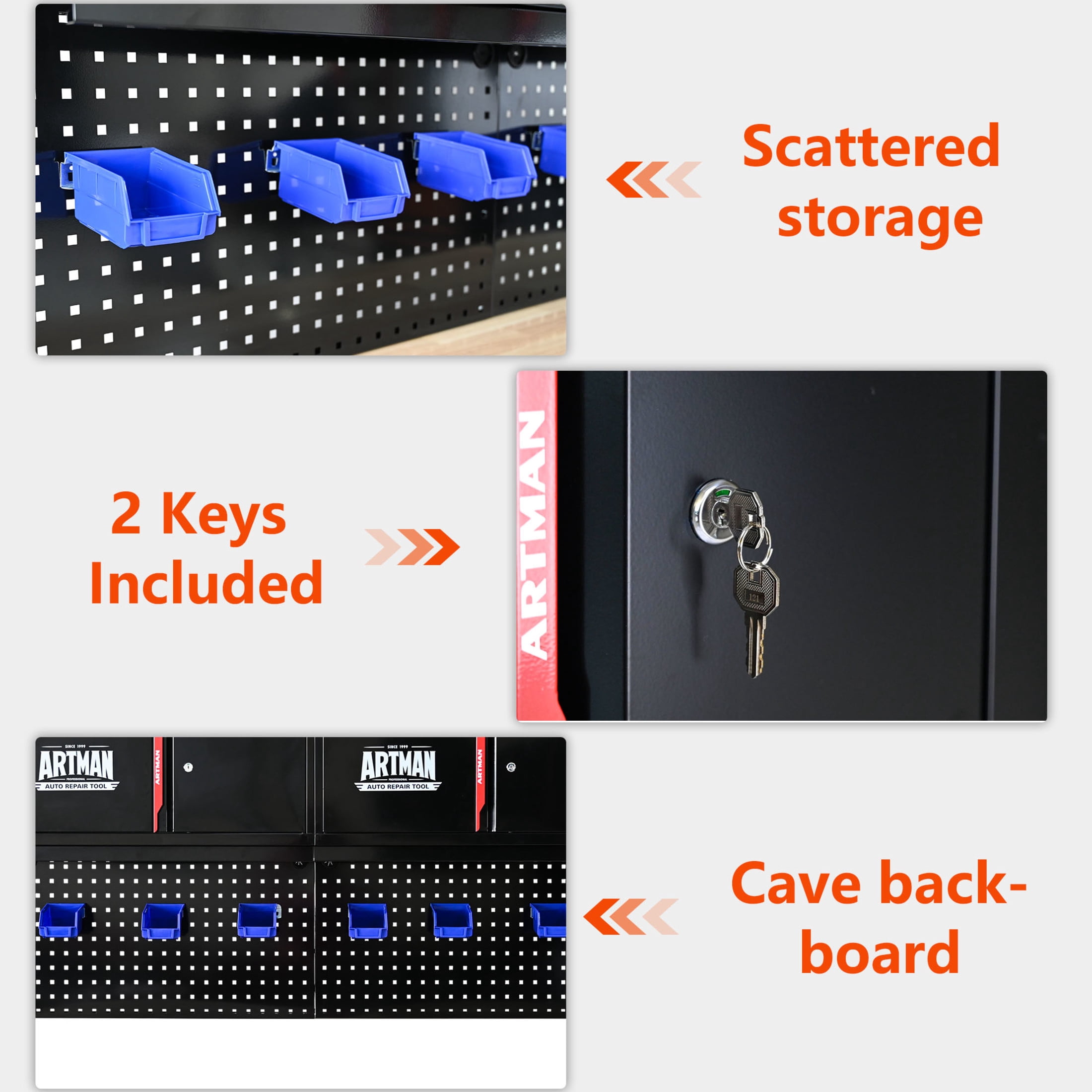 Noble House Wall-Mounted Double-Door Cabinet, Stainless Steel Pegboard Tool Rack with Hooks, Storage Shelf, Black & Red