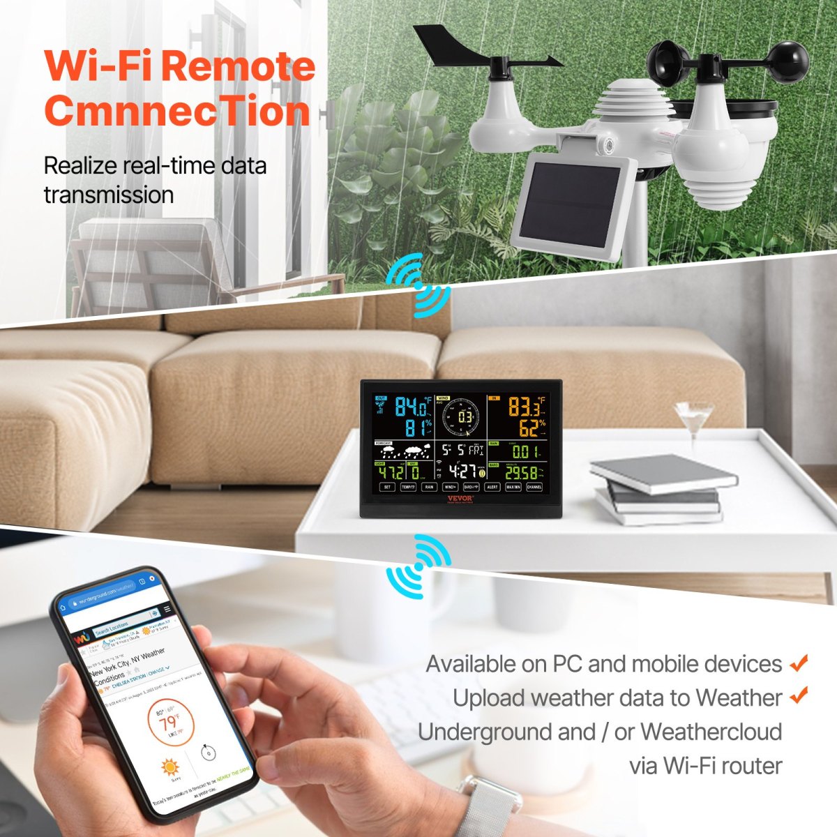 7-in-1 Wi-Fi Weather Station with 7.5" Color Display Home Indoor Outdoor Weather Station Solar-Powered Wireless Outdoor Sensor & Alarm Alerts for Temperature Humidity Wind Speed Direction & Rain