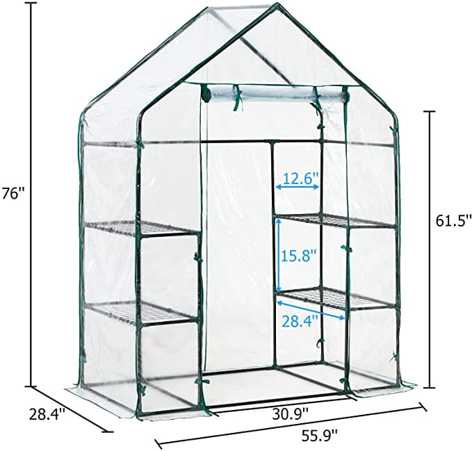 AMERLIFE Mini Walk-in Greenhouse 3 Tier 4 Shelves with PVC Cover and Roll-Up Zipper Door Indoor Outdoor Use Extra Hooks Wind Ropes 77''x56''x29'' 