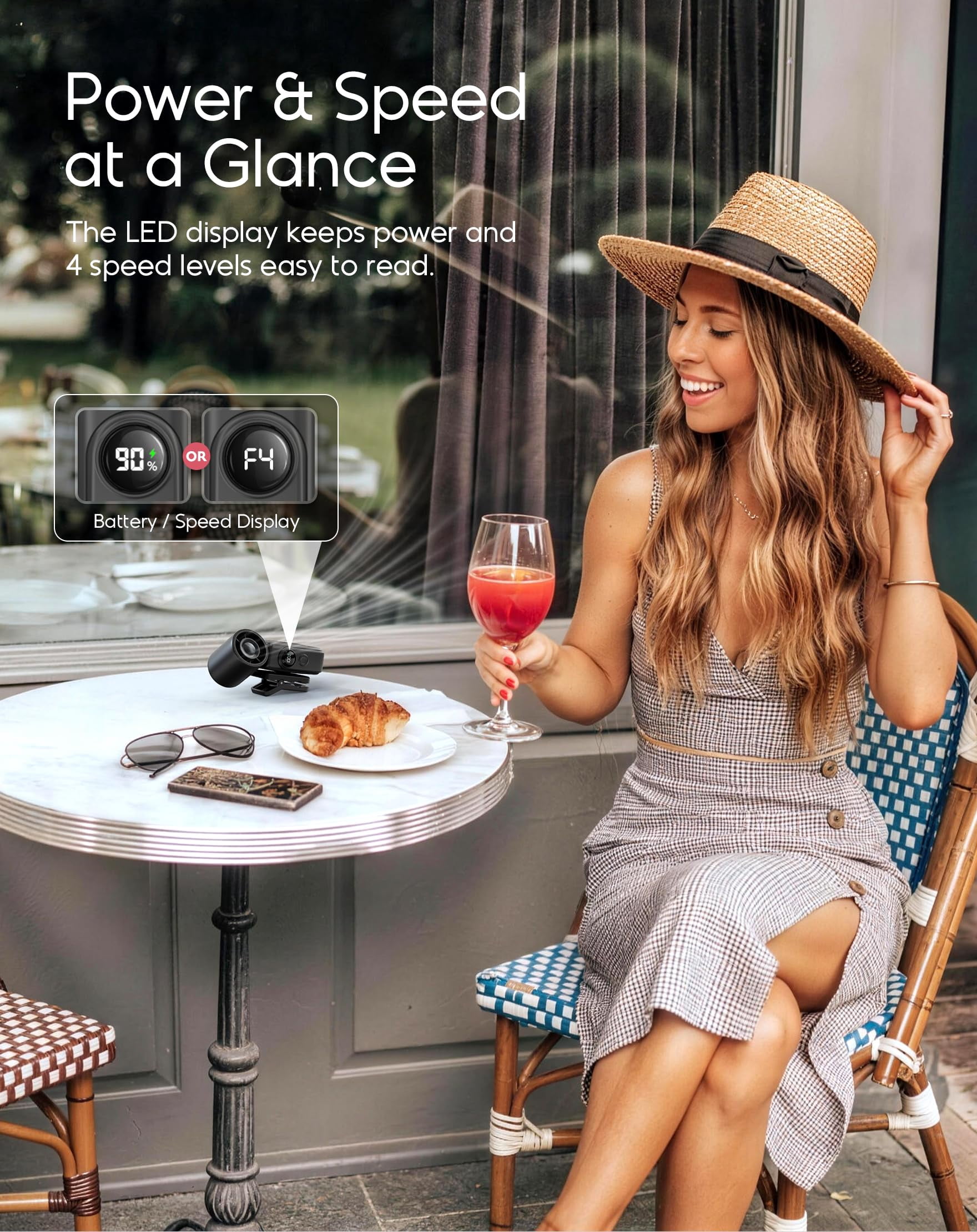 Portable Clip-On Mini Fan, Hands-Free, Turbo Personal Handheld Fans Rechargeable w/4 Wind & LED Display, Pocket Size Summer Cooling Essentials for Travel/Eye Lash/Beach/Concert, Gifts for Women(Pink)