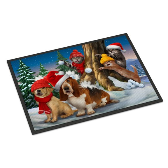 Basset, Golden and Cats Snowball Fight Door Mat