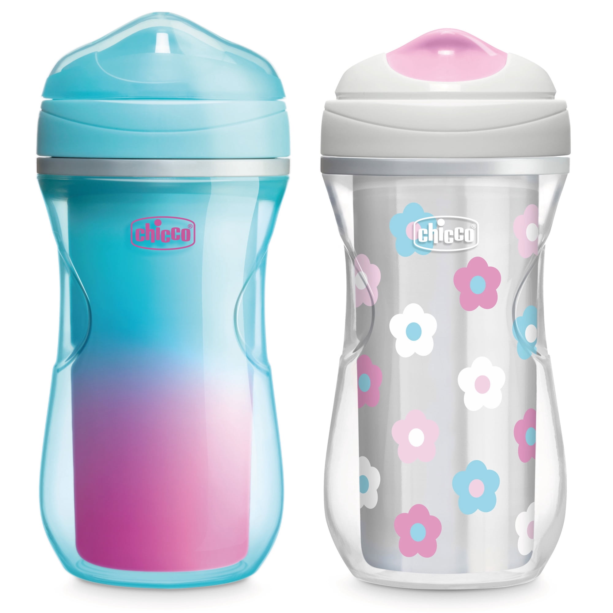 Chicco 9oz. Insulated Rim Trainer with Bite-Resistant Spout and Double-Wall Insulation, 12m+, 2-Pack - Teal/Pink/Floral