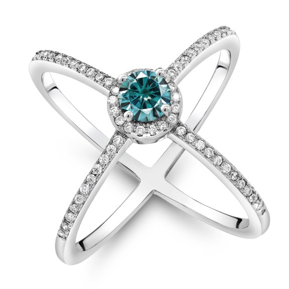 Gem Stone King 925 Sterling Silver Criss Cross X Ring Round Blue Moissanite and (1.32 Cttw, Size 6)
