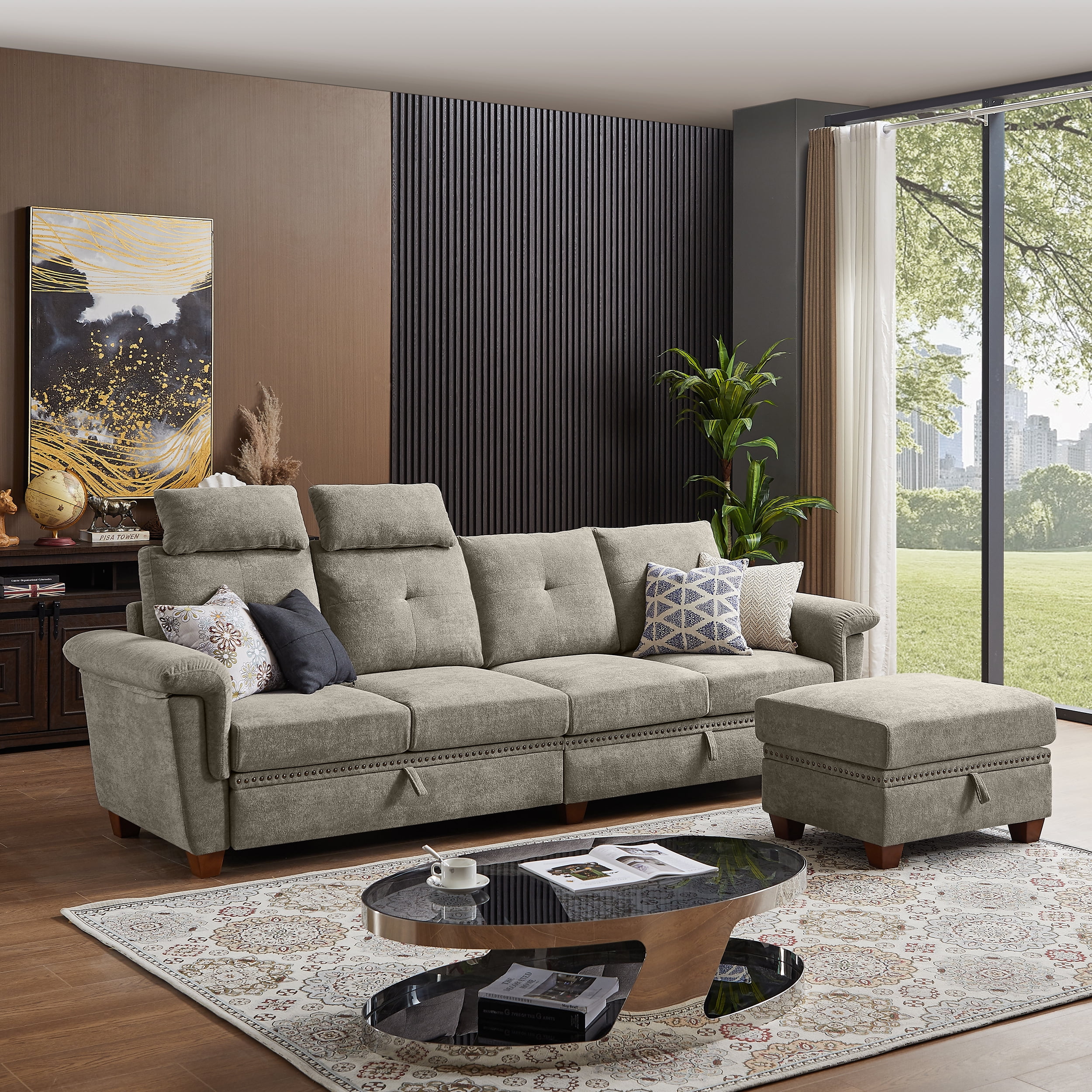 Jarenie Sectional Sofa, High Back Sectional Couch with Ottoman, Storage bag Storage ottoman, L