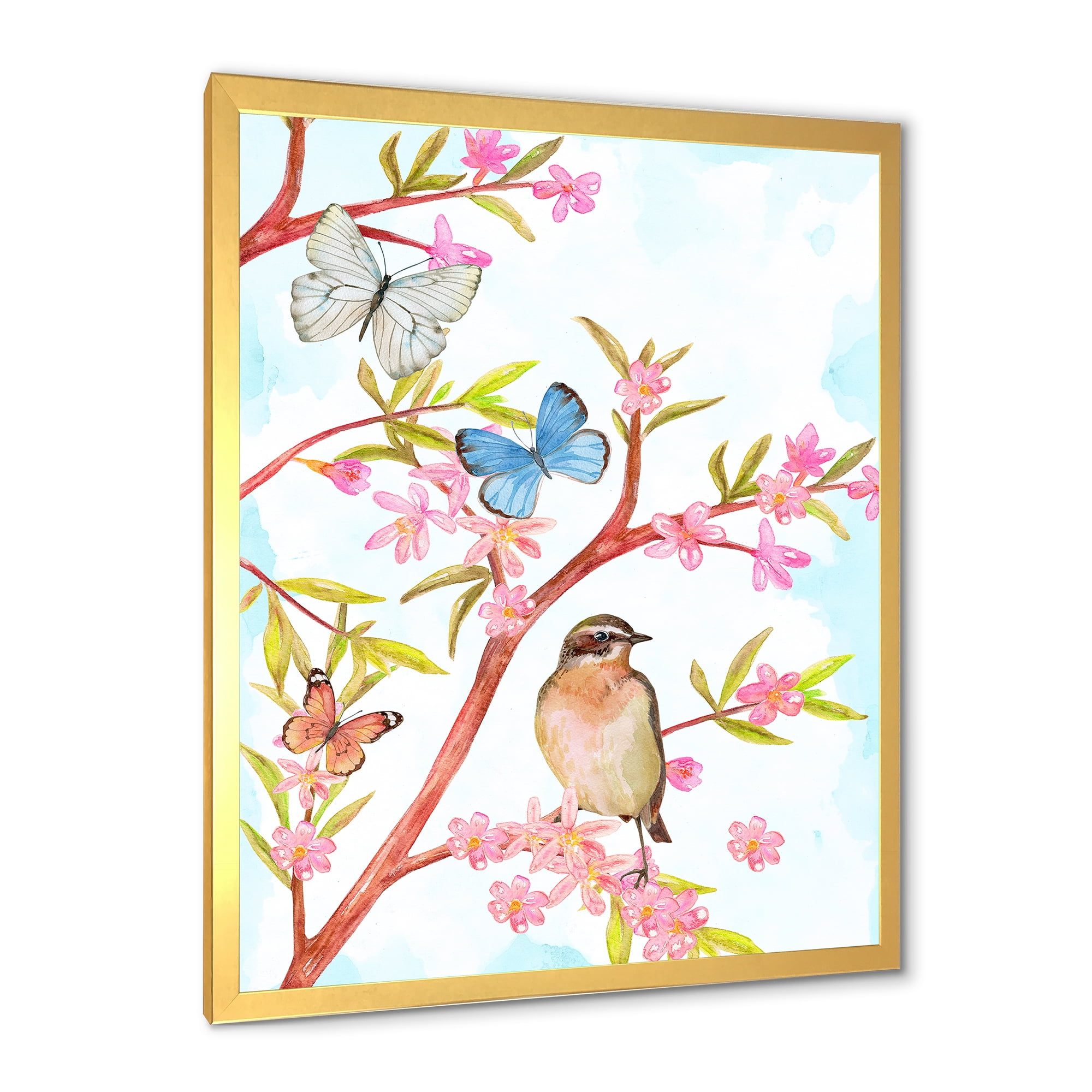 Clever Bird Sitting On Branch of A Spring Tree With Butterflies 16 in x 32 in Framed Painting Canvas Art Print, by Designart