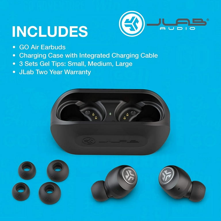  JLab Go Air True Wireless Bluetooth Earbuds + Charging Case,  Black, Dual Connect, IP44 Sweat Resistance, Bluetooth 5.0 Connection, 3 EQ  Sound Settings Signature, Balanced, Bass Boost : Electronics