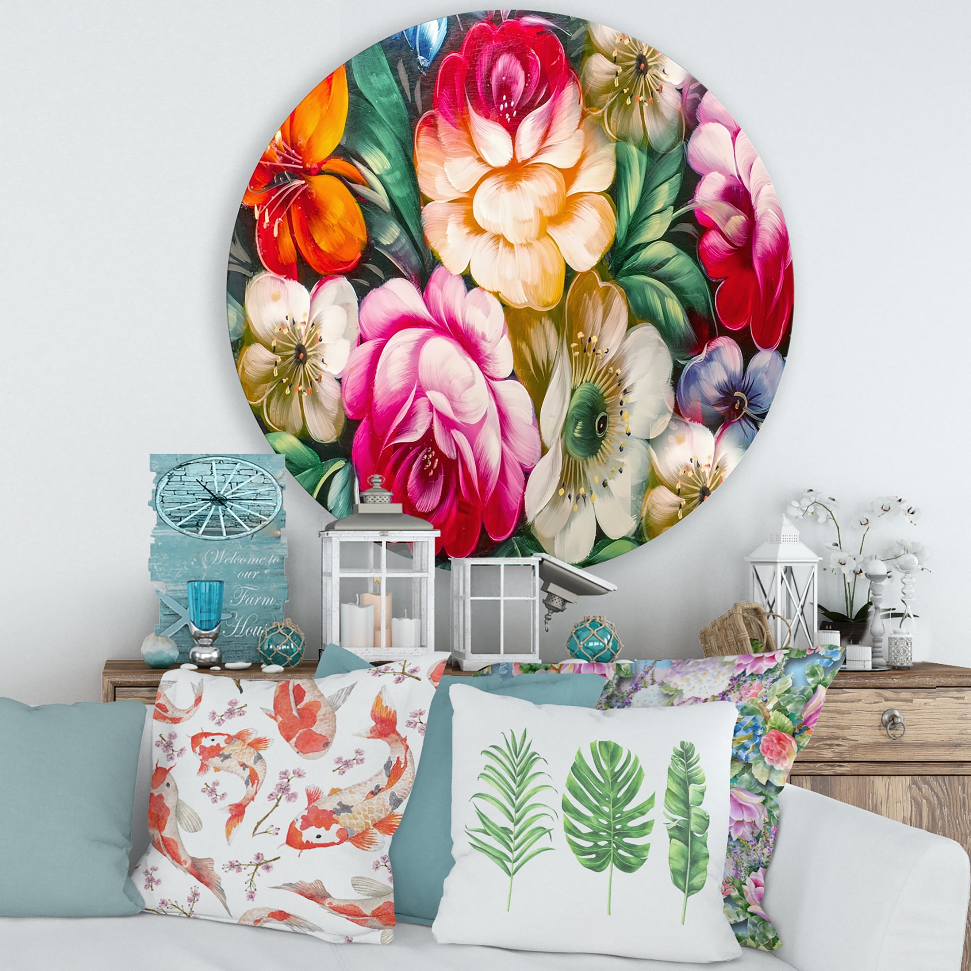 Designart 'Vintage VIbrant Yellow and Red Flower Still Life II' Traditional Circle Metal Wall Art 36x36 - Disc of 36