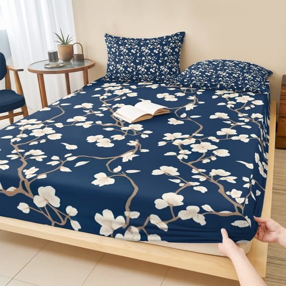 Full Size Fitted Sheet Set - Botanical Flower 3 Piece Bedding Sets 16" Deep Pocket Fitted Sheet with 2 Pillowcases Vintage Garden Floral Wildflower Blue Brushed Microfiber Hotel Luxury Bed Sheets