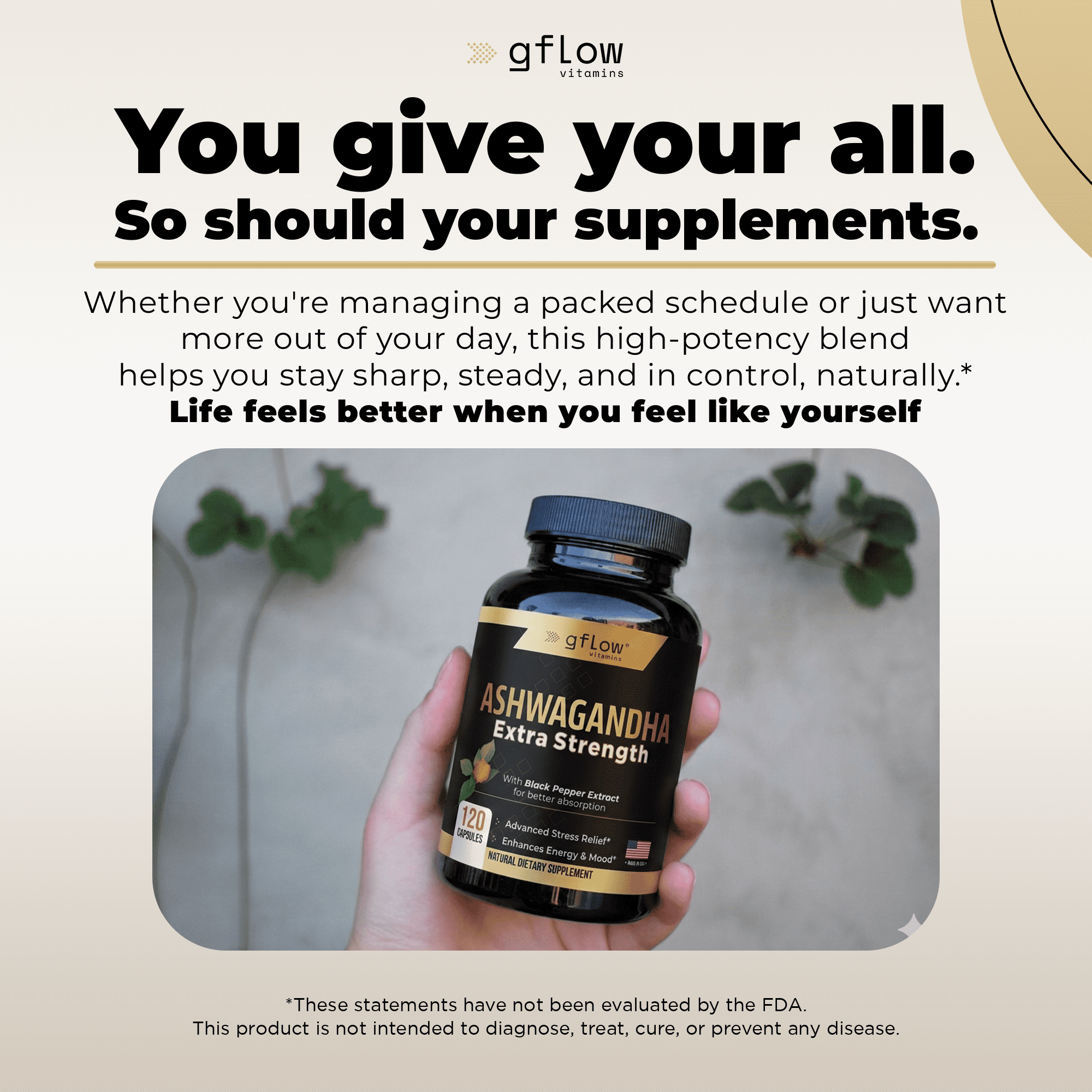 Gflow Vitamins Ashwagandha Supplements - ashwagandha Powder Capsules Extra Strength 6000mg with Black Pepper | Mood Support, Focus, Energy Support | Vegan Friendly, Non-GMO, USA Made