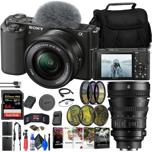 Sony ZV-E10 Mirrorless Camera with 16-50mm Lens + Sony FE PZ 28-135mm + More