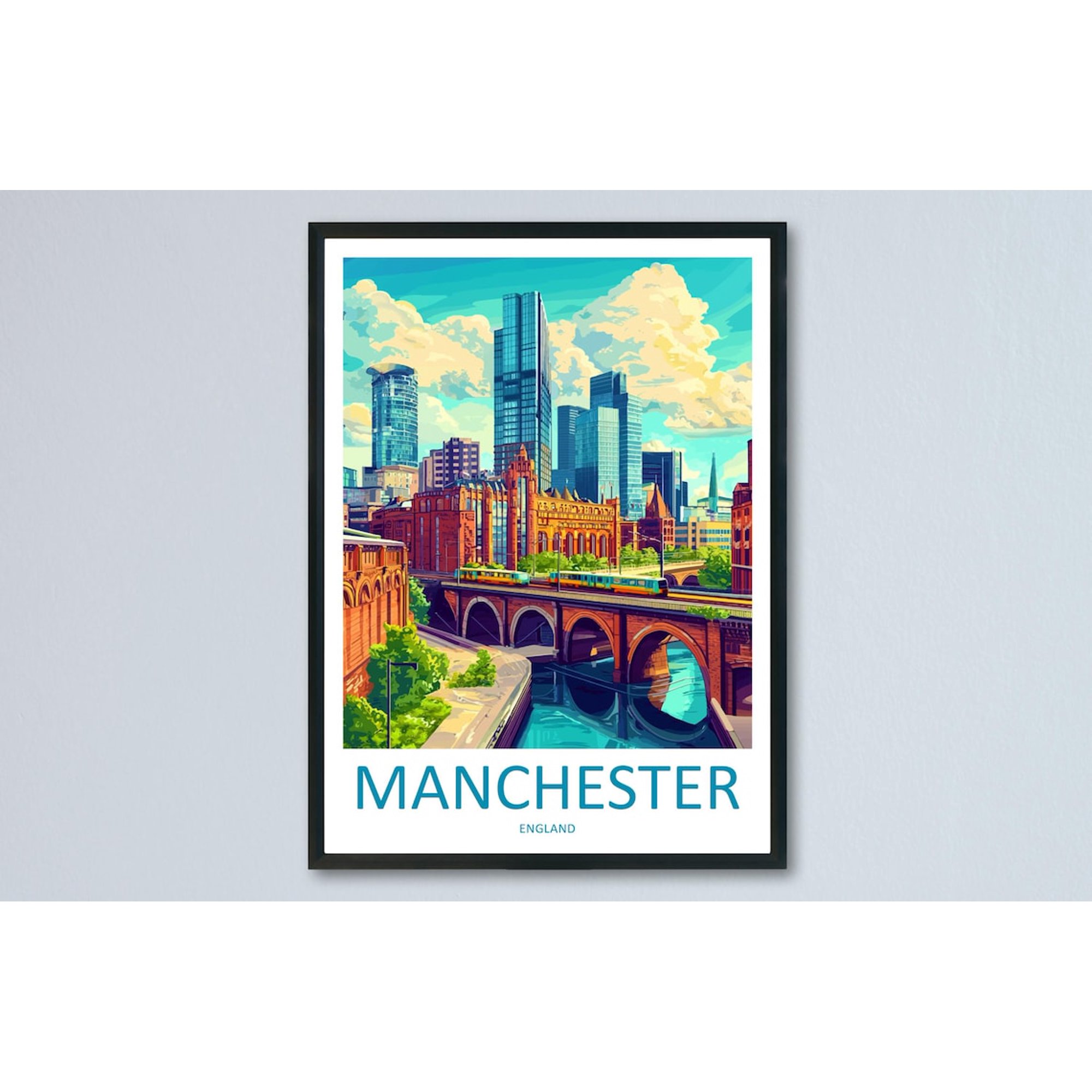 Manchester Travel Poster England Wall Art Cityscape Print Urban Illustration Industrial Decor Northern City Gift Manchester Souvenir, Poster Only