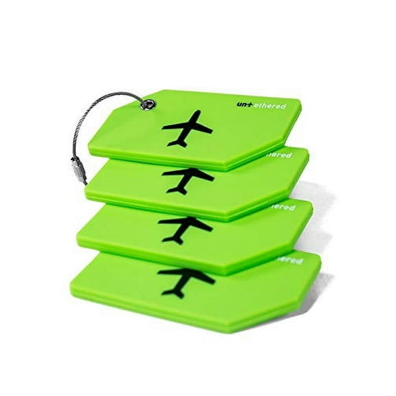 Untethered Luggage Tag Set | 4 Pack Flexible & Bright Silicone Baggage Tags for Travel & Suitcases. Includes Name Cards with Partial Privacy Cover & Stainless Steel Loops for Secure Fastenin