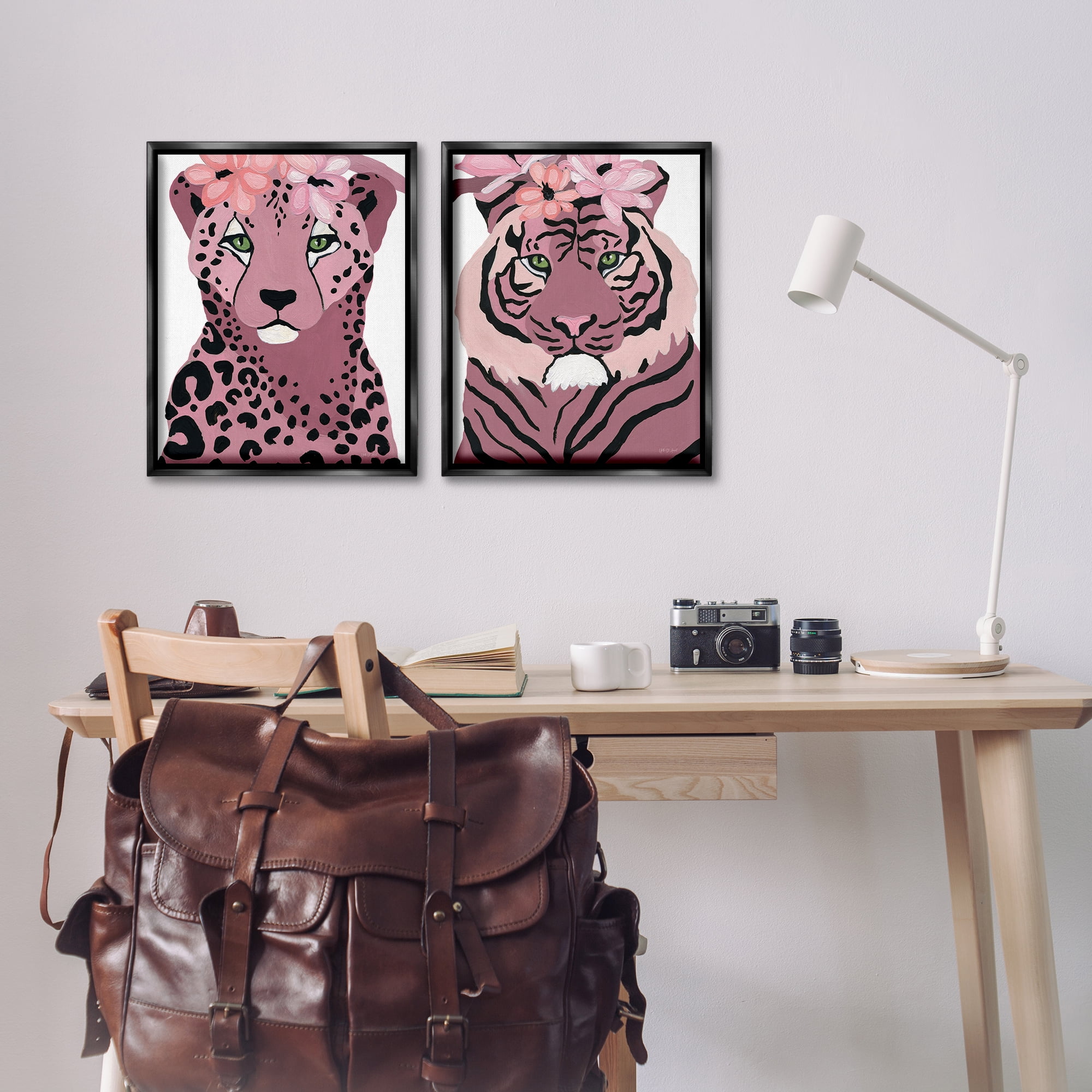 Stupell Industries Floral Cheetah Tiger Animals Painting Black Floater Framed Canvas Art Print Wall Art, 17 x 21, Set of 2