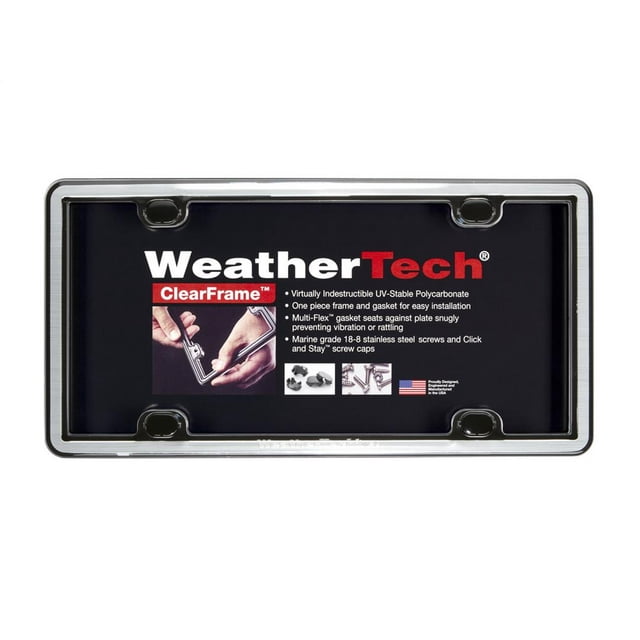 Weathertech License Plate Frame 63027 ClearFrame; Brushed Stainless; Eastman DuraStar Polymer; With Screw/Click And Stay Screw Caps