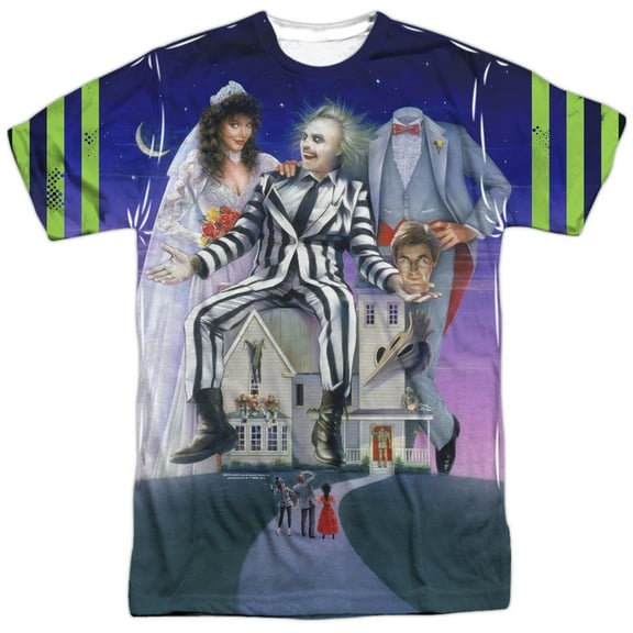 Beetlejuice Striped Poster Unisex Adult Front Only Sublimated T Shirt,Multi, 3X-Large