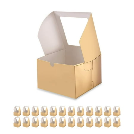 PKGSMART Gold Bakery Boxes with Window, Cake Boxes, Treat Boxes for Bakery, 5x5x3.5 inches, 25 Count
