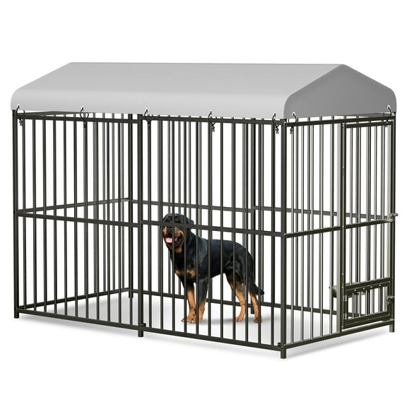 4x4x6FT/8x4x6FT Outdoor Dog Kennel, Heavy-Duty Outdoor Enclosures with Lock, UV-Resistant Waterproof Roof Cover & Swivel Stainless Steel Feeding Bowl,for Medium & Large Dogs,Easy Assembly