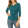 thumbnail image 2 of INSPIRE CHIC Women's Ruched Blouse Button Decor V Neck 3/4 Sleeve Solid Knit Top 2XL Blue Green, 2 of 7