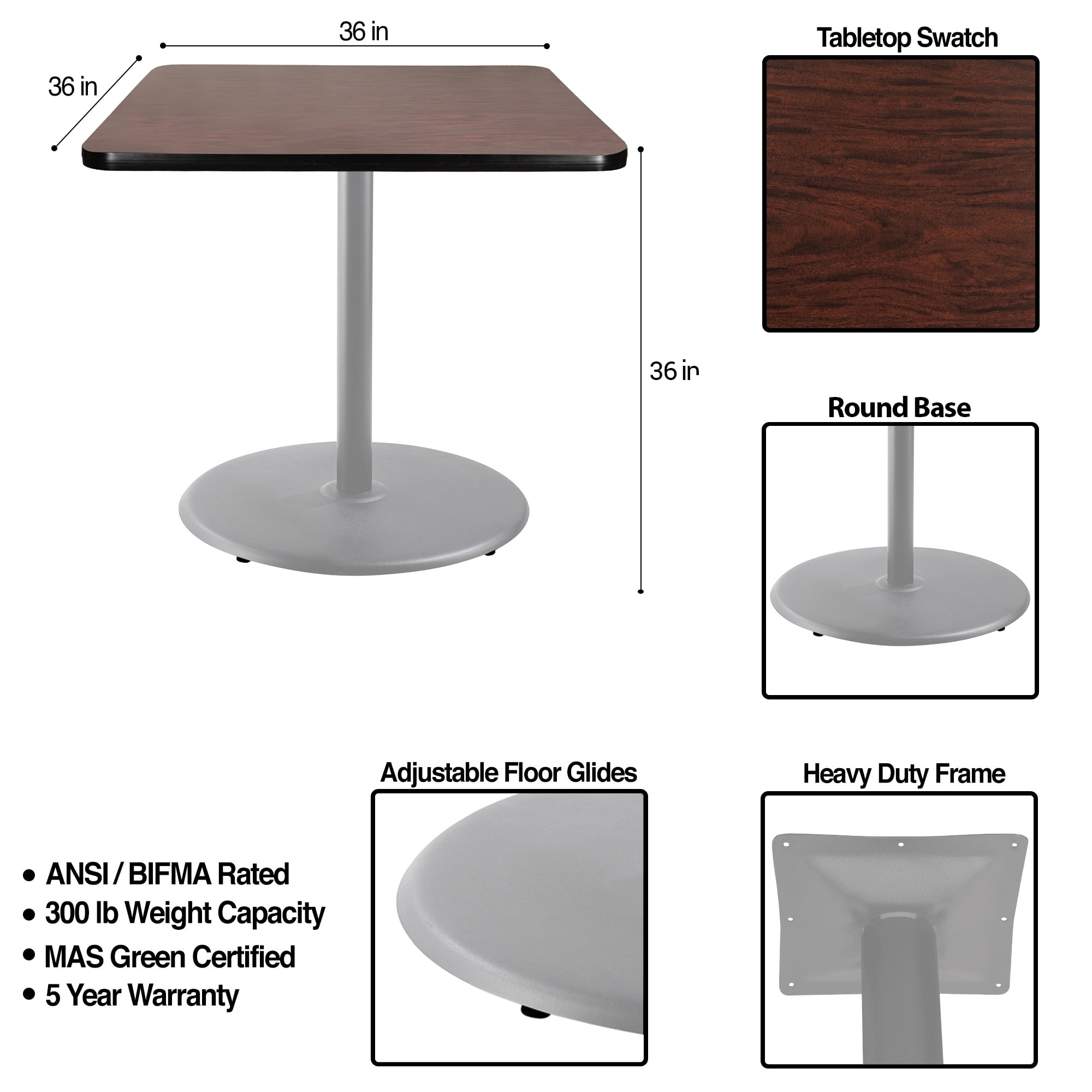Hampden Furnishings Bennet Collection 36 Inch Cafe Table with Steel Frame and Mahogany Top