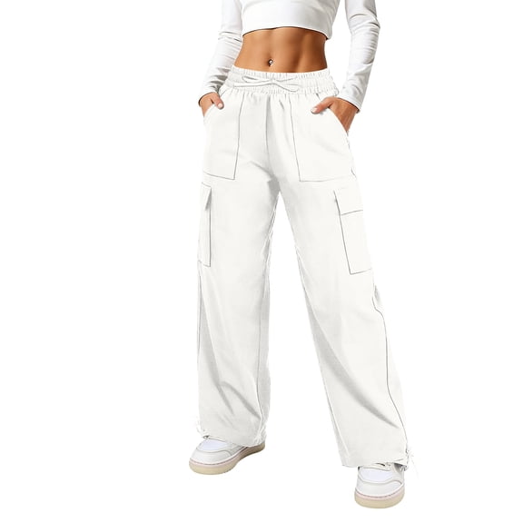 Resicozy Cargo Pants Women High Waisted Parachute Hiking Pants with 4 Pockets Lightweight Baggy Water Resistant Quick Dry White 2XL