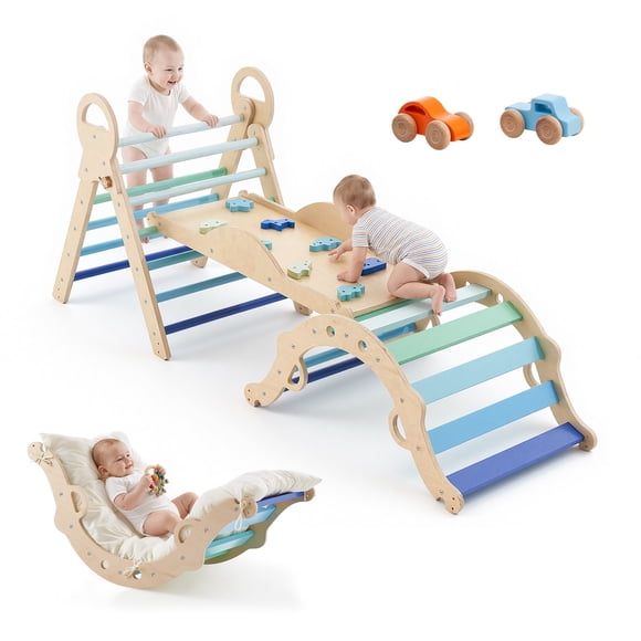 VEVOR Ensemble Triangle Pikler, Jouets d'Escalade 9-en-1 pour Tout-Petits d'Intérieur, avec 2 Voitures en Bois, Coussin, Triangle, Arche et Rampe, Charge de 150 Lb, Ensemble d'Escalade Montessori Pliable pour Tout-Petits et Enfants, Bleu