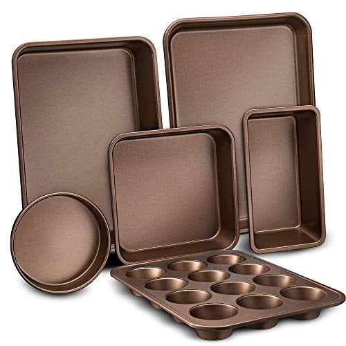 NutriChef 6-Pcs Nonstick Bakeware Set - Baking Sheets, Non-Grease Cookie Trays, Wide & Square Bake Pan, Bread Loaf & Round Cake Pan, Designed Not To Wrap or Bend Out Of Shape -NCBK