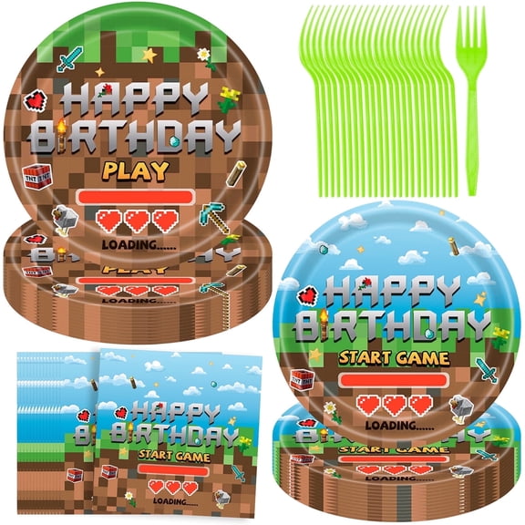 Jestar 96 Pcs Pixel Miner Crafting Party Supplies Plates Forks Napkins for 24 Guests, Video Game Theme Birthday Party Decoration