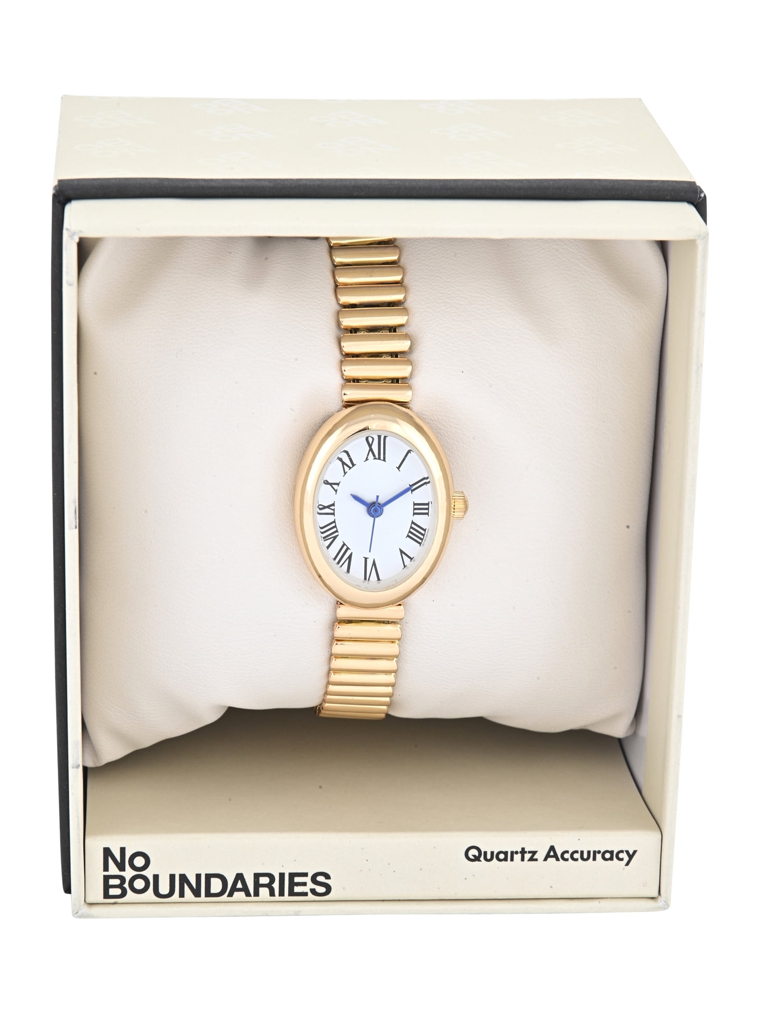 No Boundaries Adult Female Goldtone Petite Oval Case Watch with Gold Expansion Bracelet.