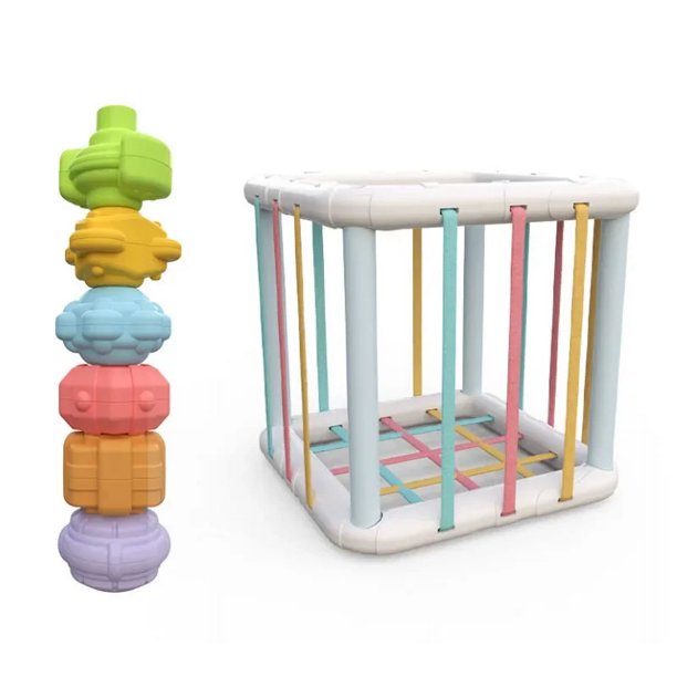 Juguetes de clasificación de formas de bebé, juguetes educativos Montessori para niños, juguetes de cubos sensoriales coloridos con bandas elásticas para habilidades motoras finas