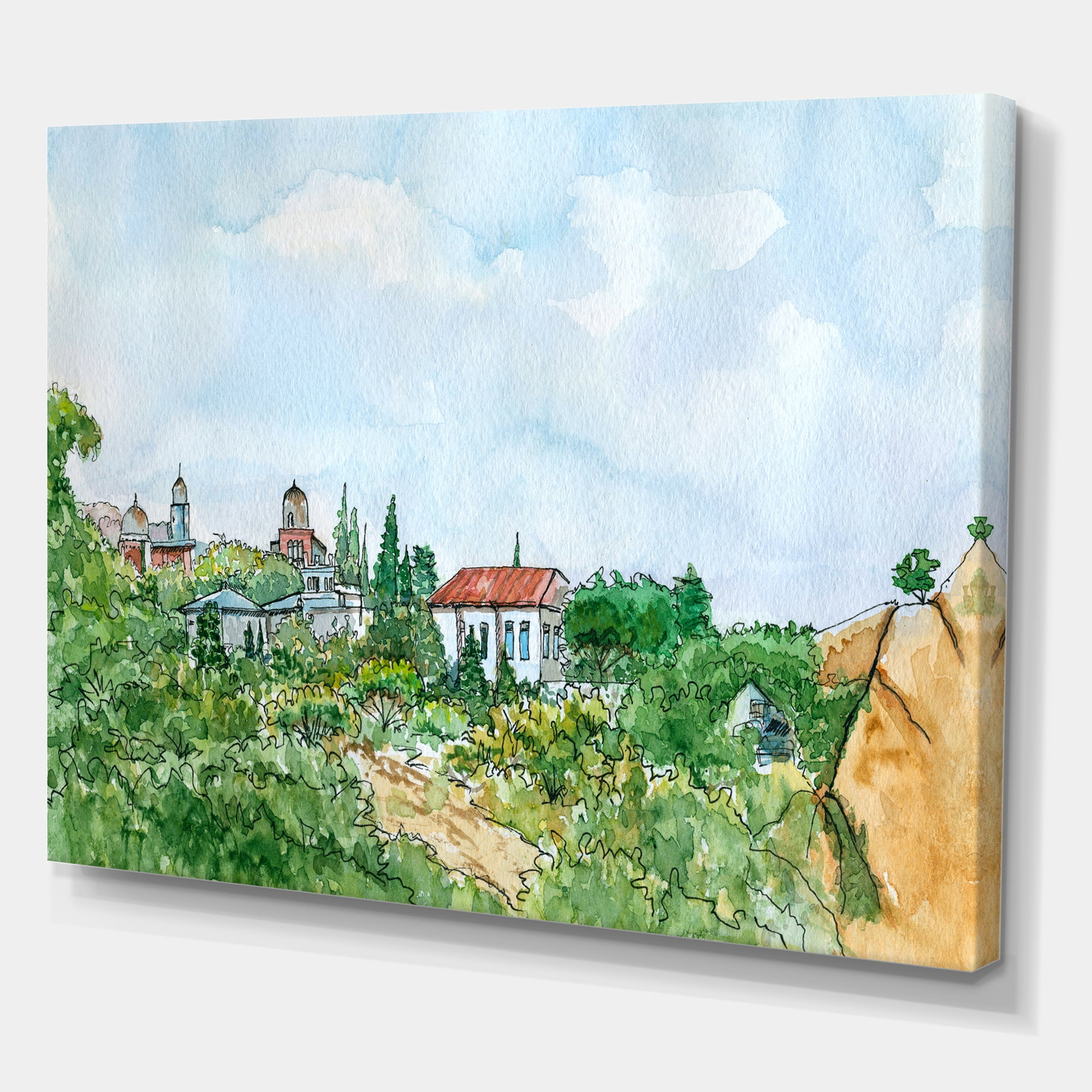Designart ' White House With Red Roof In The Lush Green Countryside ' Traditional Canvas Wall Art Print