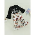 thumbnail image 3 of Gzhioc Kid Girls Pants Suit, Long Sleeve Round Neck Letters Print Tops + Casual Bell-Bottomed Horse Print Pants,6 Months-5 Years, 3 of 9