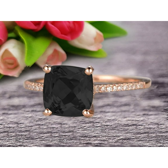 Cushion Cut 1.80 Carat Black Diamond Moissanite Engagement Ring Wedding Ring 10k Rose Gold Unique Basket Prongs