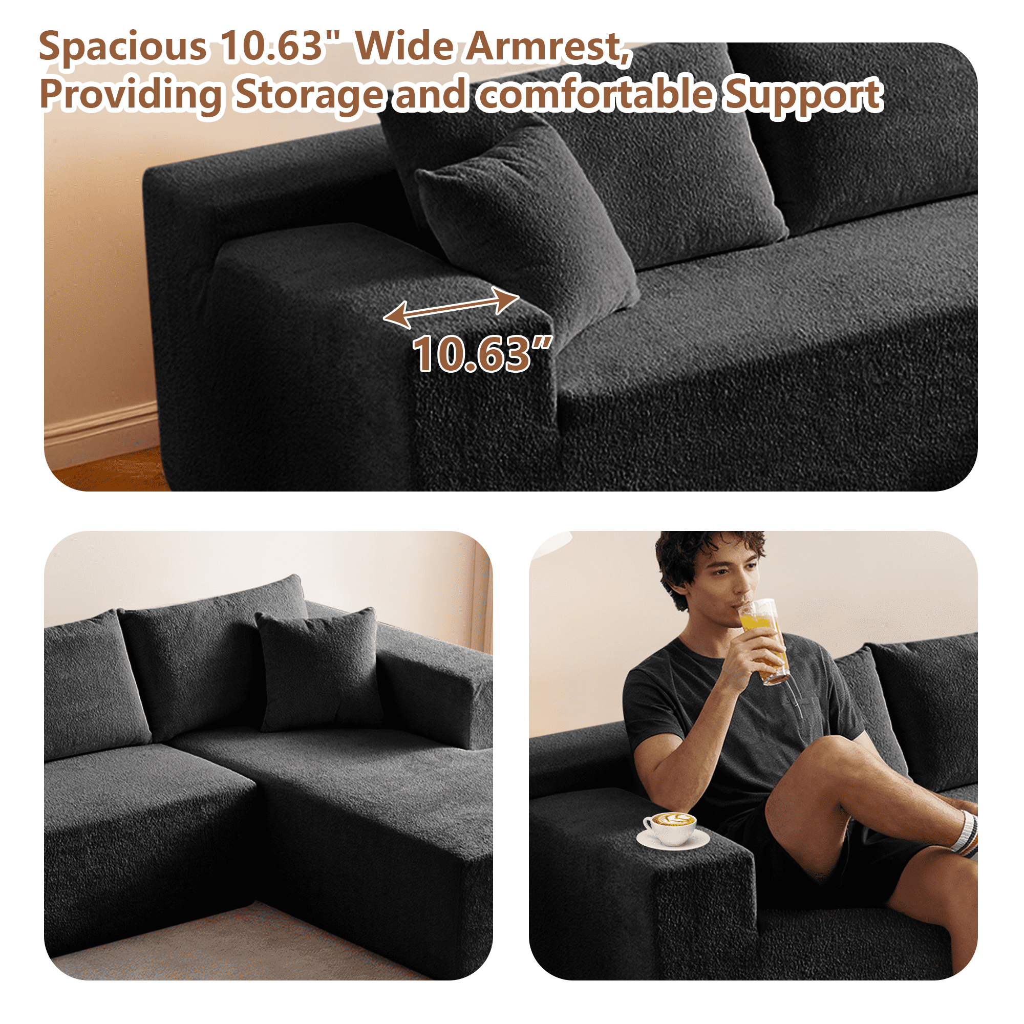 Gewnee Black 3-Seater Deep Seat Compressed Velvet Sofa, Soft Cushion Couch for Living Room & Bedroom