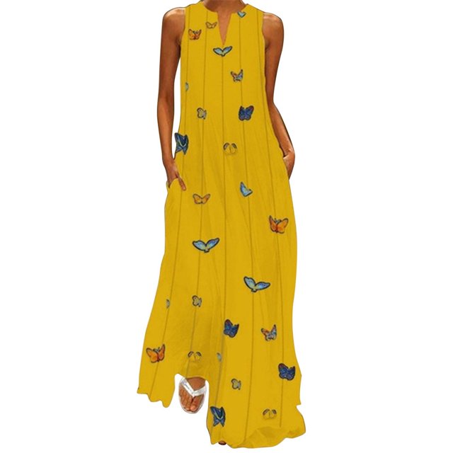 BJYX Robe Femmes Casual en Vrac Sans Manches Papillon Imprimé Longue Robe Vintage V-Cou Poche Été Bohème Robe de Soleil