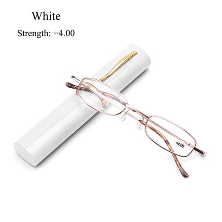 +1.00~+4.00 Metal Case Spring Hinge Eyeglass with Pen Tube Case Presbyopic Glasses Portable Reading Glasses WHITE STRENGTH 4.00