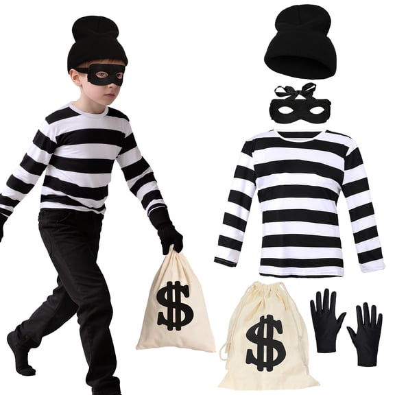 GOBWCOT Kids Robber Costume Set of 5 Black and White Striped Tee Shirt Money Bag Gloves Eye Patch and Beanie Cap Halloween Cosplay Outfits for Boys Girls