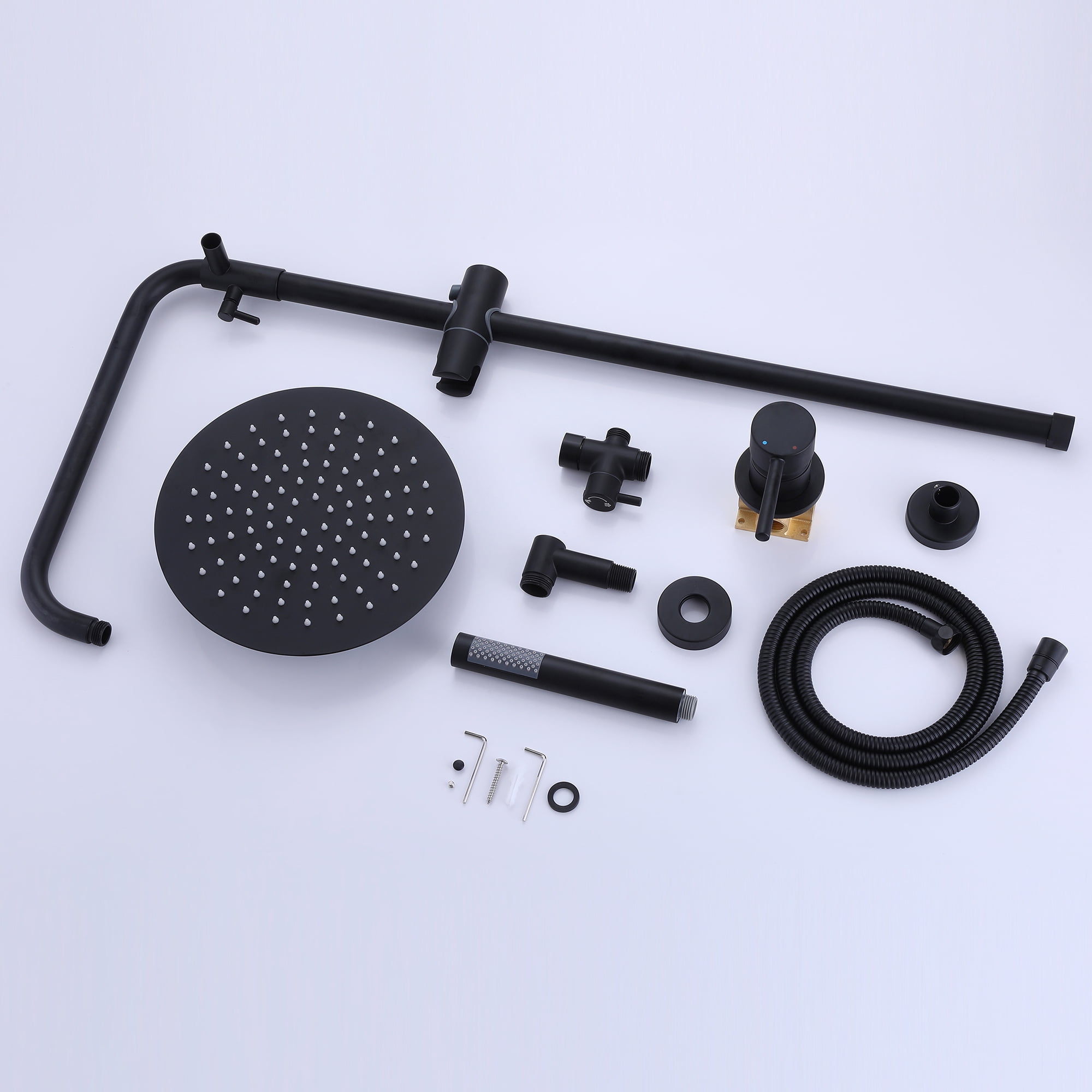 Brass Exposed Pipe Shower System, 10-inch Rainfall Shower Head with Handheld Shower Head with Rough-in Valve