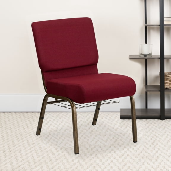 Flash Furniture HERCULES Series 21''W Church Chair in Burgundy Fabric with Cup Book Rack - Gold Vein Frame