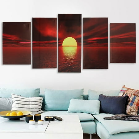Ocean Pictures Framed Asewin Sunrise Red Sun Modern 5 Piece Framed Wrapped Landscape Canvas Prints Artwork Ocean Sea Beach Pictures Paintings on Canvas Wall Art for Living Room Bedroom Home Decor ()