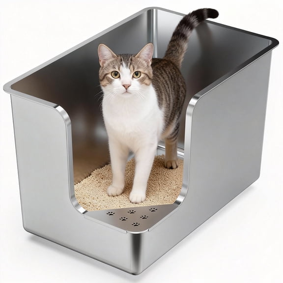 Ptlom High Sided Stainless Steel Litter Box 22.8" x 14.8" x 11.8" Low Entry Metal Litter Pan