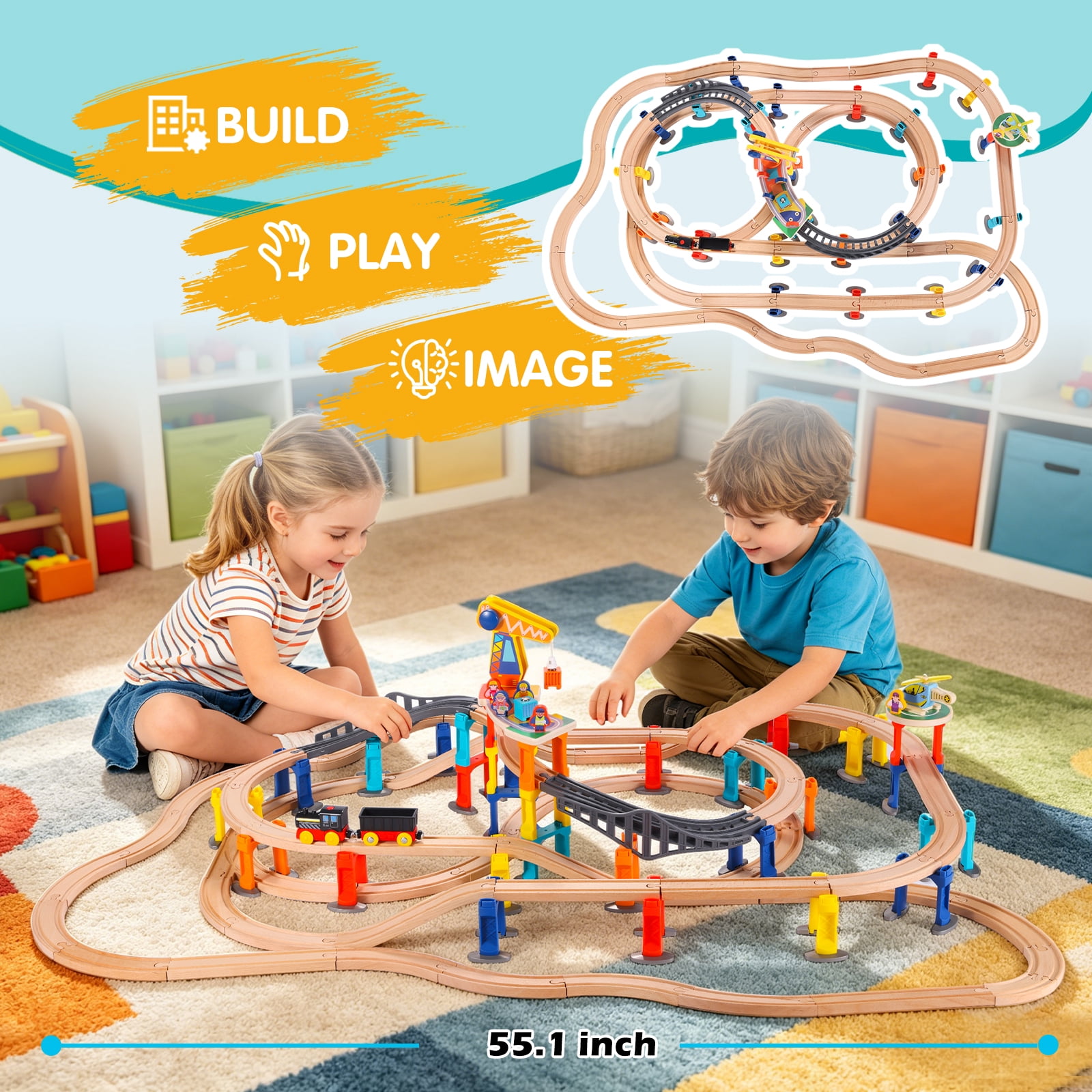 UDEAS 120Pcs Wooden Train Tracks Set, 398-inch Track Expansion, Toddler Railway Bridge Toy Train Set with Airplane and Magnetic Crane, Birthday Gifts for Boys and Girls