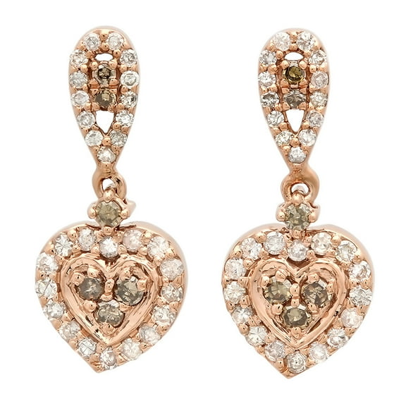 0.50 Carat (ctw) 10K Rose Gold Round Champagne & White Diamond Ladies Heart Dangling Earrings 1/2 CT