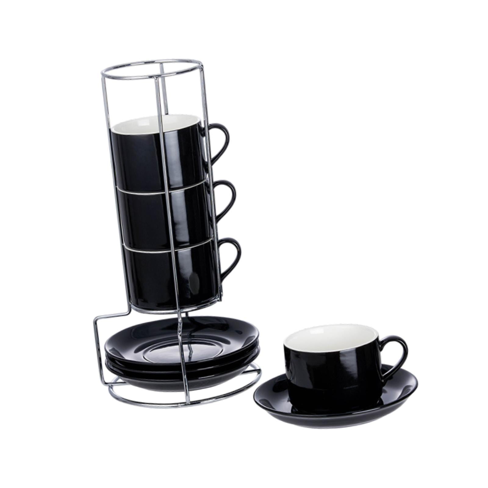 Esquirla Ceramic Espresso Cups Coffee Cups,Sturdy,Porcelain,Espresso Mugs with Saucers and Metal Stand Stackable for Cappuccino Coffee 5OZ