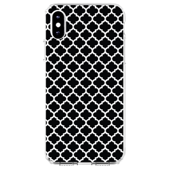 DistinctInk Clear Shockproof Hybrid Case for iPhone XS Max (6.5" Screen) - TPU Bumper, Acrylic Back, Tempered Glass Screen Protector - Black White Moroccan Lattice