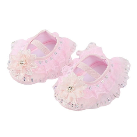 

Mubineo Baby Girls Lace Princess Shoes Sequin Rhinestone Pearl Decor Sneakers Soft Sole Non-Slip Sweet Walking Shoes