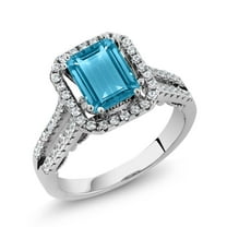 Gem Stone King 2.78 Cttw 925 Sterling Silver Swiss Blue Topaz Engagement Ring for Women | Gemstone Birthstone | Emerald Cut 9X7MM | Available in Size 5,6,7,8,9