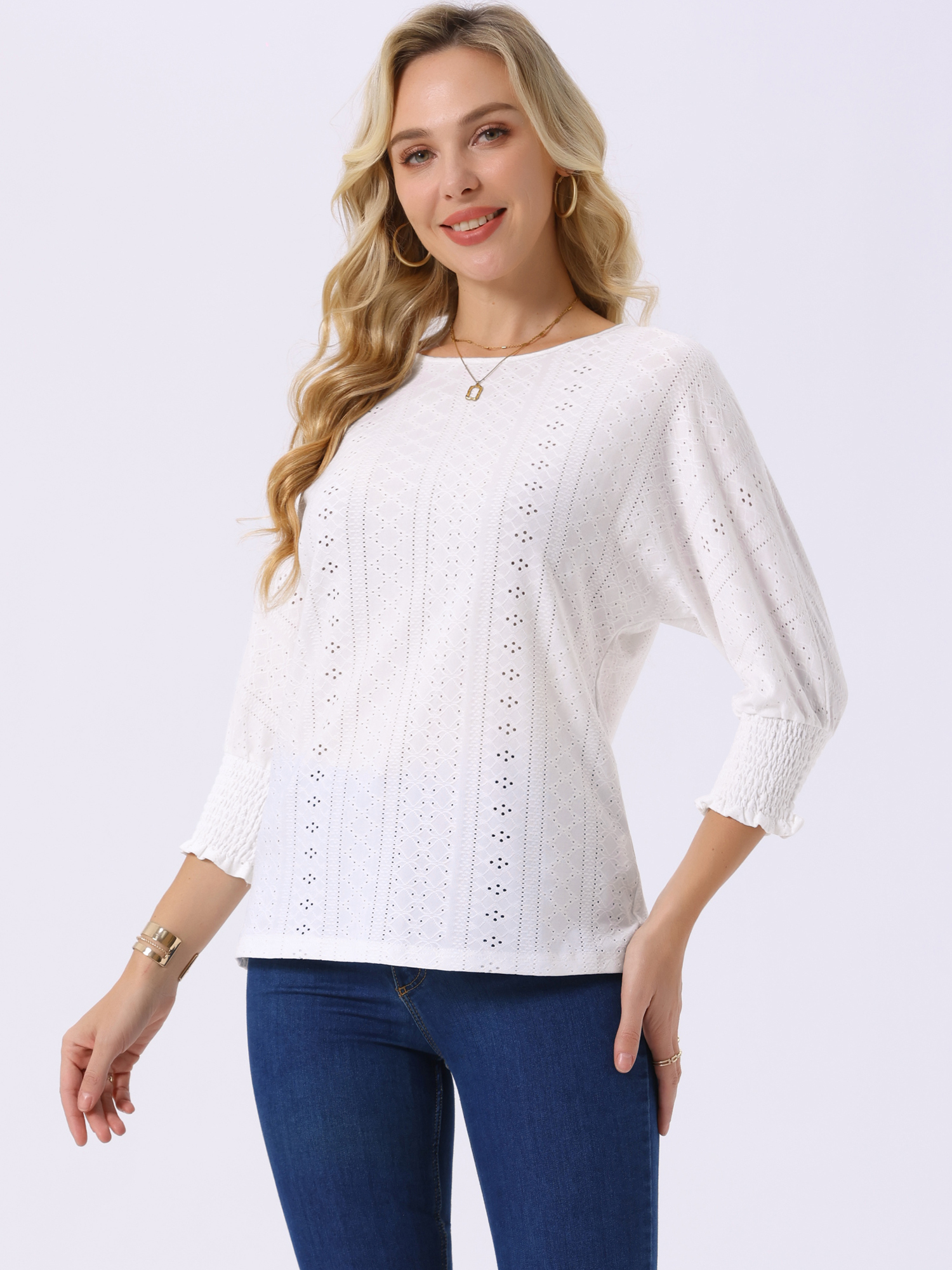 DARING DIVA Women's Batwing Casual Eyelet Blouse Crewneck Tunic T-Shirts White L