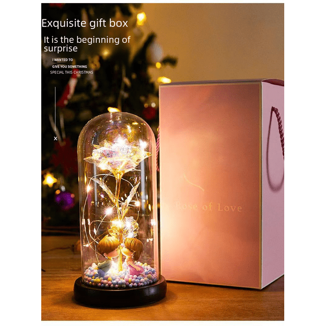 Adornos de luz nocturna con flores eternas, simulación de hojas de oro rosa, regalo de San Valentín de Tanabata