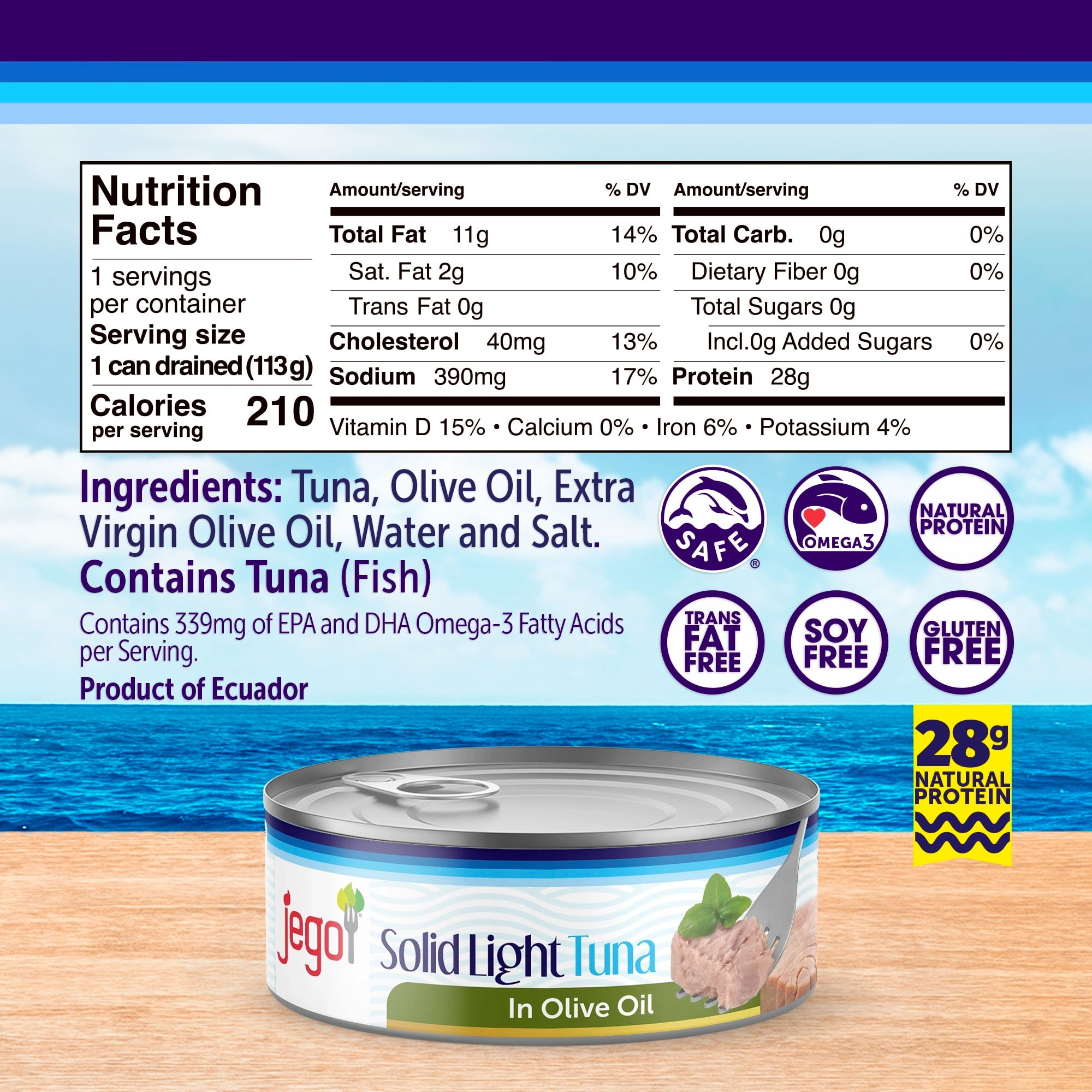 Jego Solid Light Tuna in Olive Oil | Keto | Low Carb | Gluten Free | Soy Free | Canned | Ready to eat | Pack of 12 | 5oz can