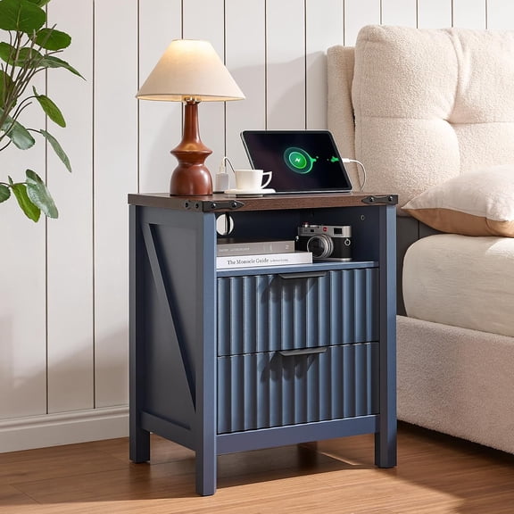 Fluted Nightstand with Charging Station - 20-inch Farmhouse End Side Table - Modern Night Stand - Elegant Wood Bedside Table with 2 Drawers and Stoarge for Bedroom(Navy Blue)